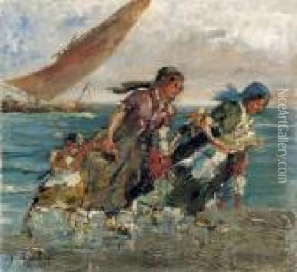 Sulla Spiaggia Oil Painting - Leonardo Bazzaro