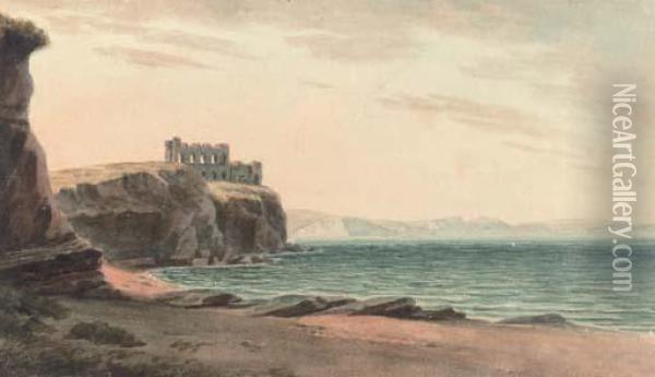 Clifftop Ruins, (illustrated); And A Quiet Stretch Of River Oil Painting - John Warwick Smith