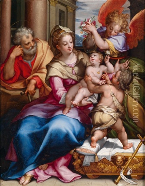 Die Heilige Familie Mit Dem Johannesknaben Und Einem Engel Mit Blumen Oil Painting - Denys Calvaert