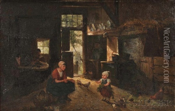 Mother And Child With Flowers In A Barn Interior Oil Painting - Jan Derk Huibers