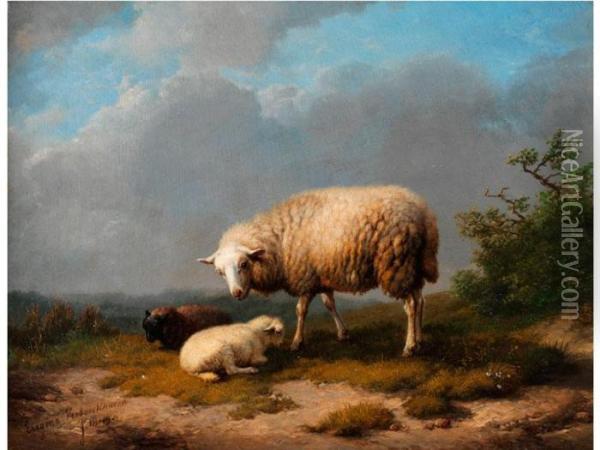 Schaf Mit Zwei Jungtieren In Einer Heidelandschaft Oil Painting - Eugene Joseph Verboeckhoven