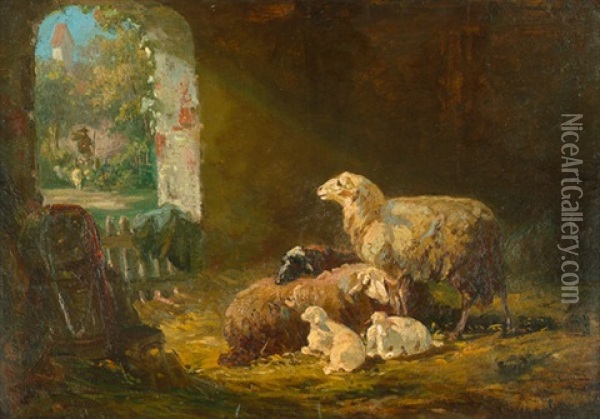 Schafe Im Stall Oil Painting - Louis (Ludwig) Reinhardt