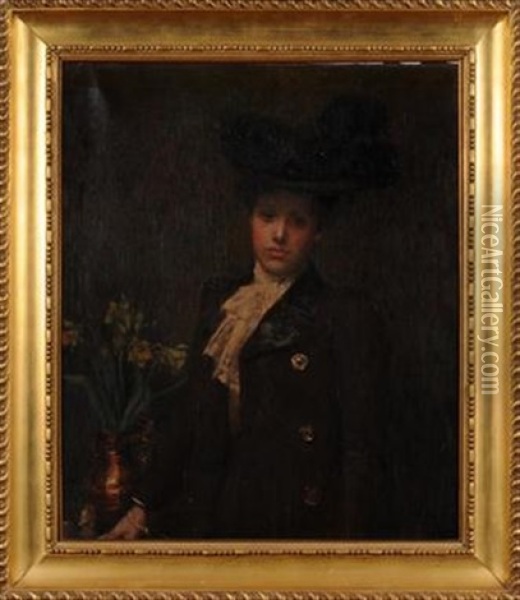 Mrs. Ethel Marquis. Nee Peacock Standing Beside A Vase Of Daffodils Wearing A Brown Coat With Necktie And A Large Brimmed Feather Hat Oil Painting - John Lavery
