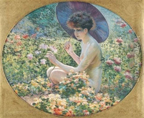 Baigneuse A L'ombrelle Japonaise Au Jardin Oil Painting - Maurice Milliere
