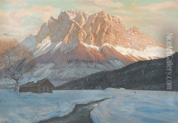 Winterliche Alpenlandschaft Mit Blick Auf Das Zugspitzmassiv Oil Painting - Leopold Scheiring