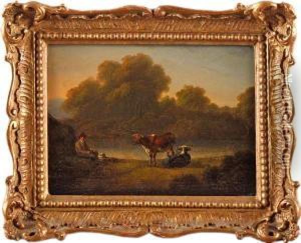Pastoral Scene With Cattle By A River Oil Painting - William Mulready