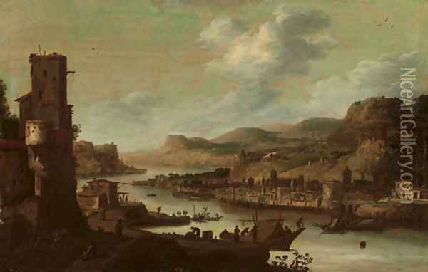 A mountainous river landscape with figures on moored ships near a ruined tower, a fortified town on the opposite river bank Oil Painting - Dirck Verhaert