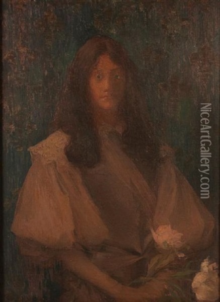 A Portrait Of A Lady Holding Flowers Oil Painting - Edmond Francois Aman-Jean