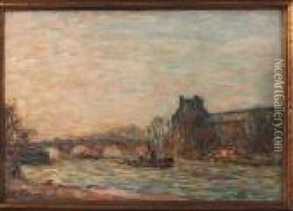 Boats On The River Seine, Paris Oil Painting - Anatole Eugene Hillairet