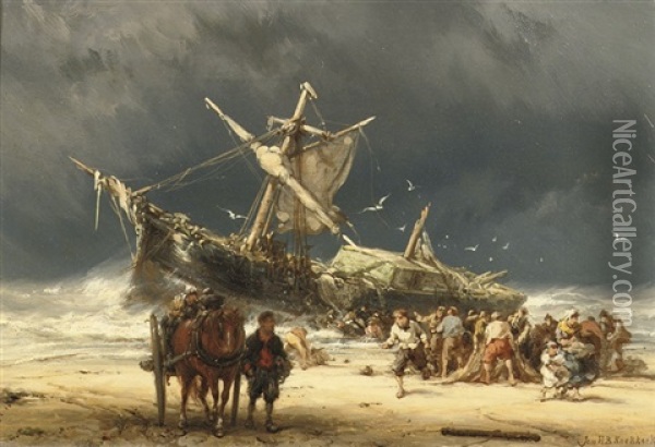 After The Storm, Near The Coast Of Texel Oil Painting - Johannes Hermanus Barend Koekkoek