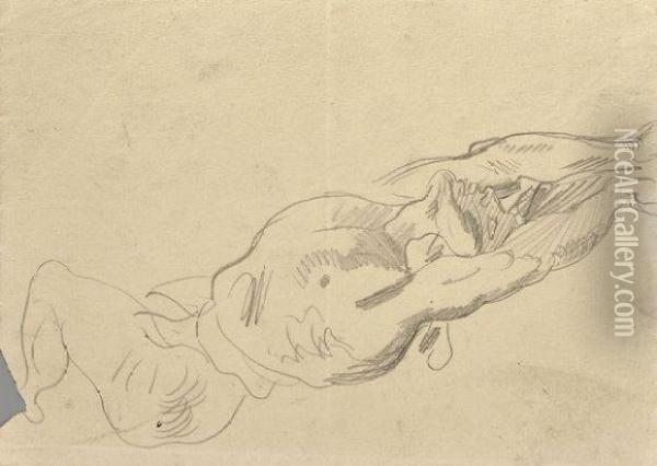 Etude D'homme Nu Allonge, Les Bras Leves, Pour La Barque Dedante Oil Painting - Eugene Delacroix