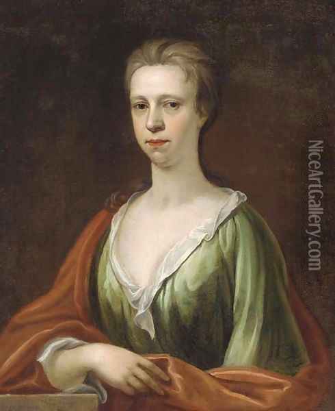 Portrait of a lady, bust-length, in a green dress and red wrap Oil Painting - Sir Godfrey Kneller