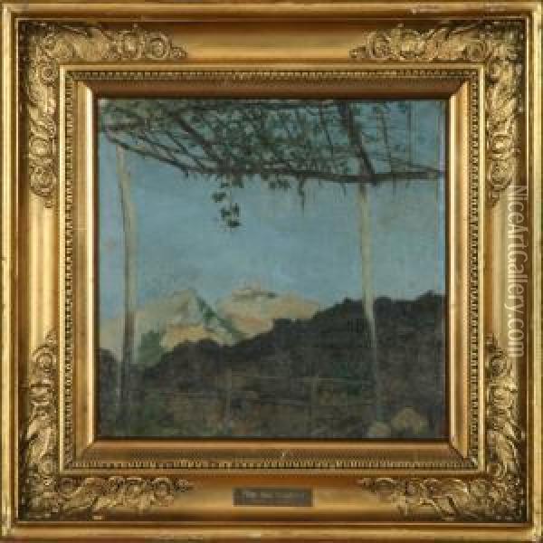 A Southern Landscape With Mountains. Signed Monogram Oil Painting - August Heinrich Schiott