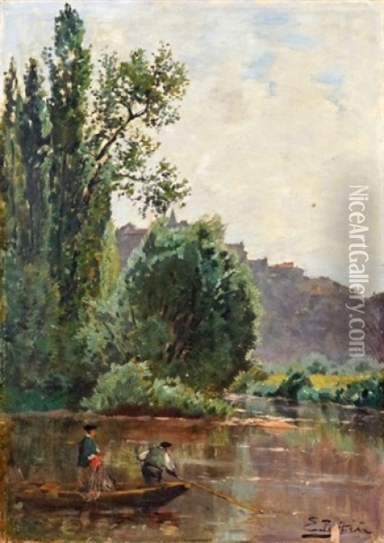 Pecheurs Sur La Meuse A Neufchateau (vosges) Oil Painting - Edmond Marie Petitjean