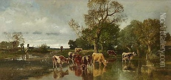 Rinder An Der Wasserstelle Oil Painting - Josef Wenglein