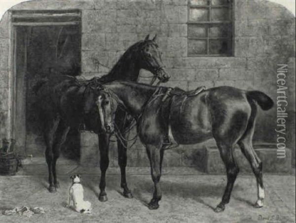 Hunters In A Stable Yard Oil Painting - David George Steell