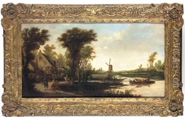 A River Landscape With Cattle And Drovers Being Ferried Across A River, A Windmill Beyond Oil Painting - Pieter Jansz van Asch