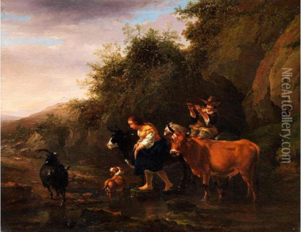 Hirtenpaar Mit Kuhen An Einer Furt Vor Felsenhugel Oil Painting - Nicolaes Berchem