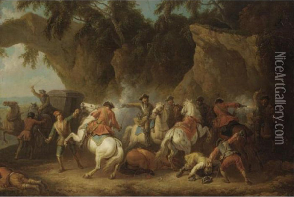 A Military Convoy Being Ambushed By Bandits Oil Painting - Pieter van Bloemen