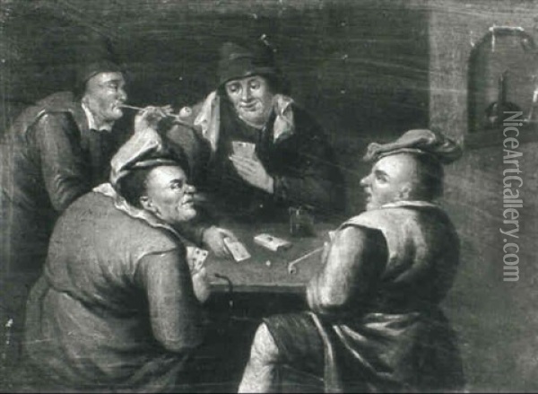 Topers Playing Cards In A Tavern Interior Oil Painting - Egbert van Heemskerck the Elder