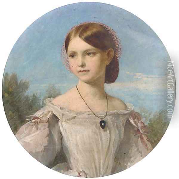Portrait of Miss Florence Penison, small half-length, in a white dress with pink ribbon sleeves and diamond pendant, painted circle Oil Painting - John Phillip