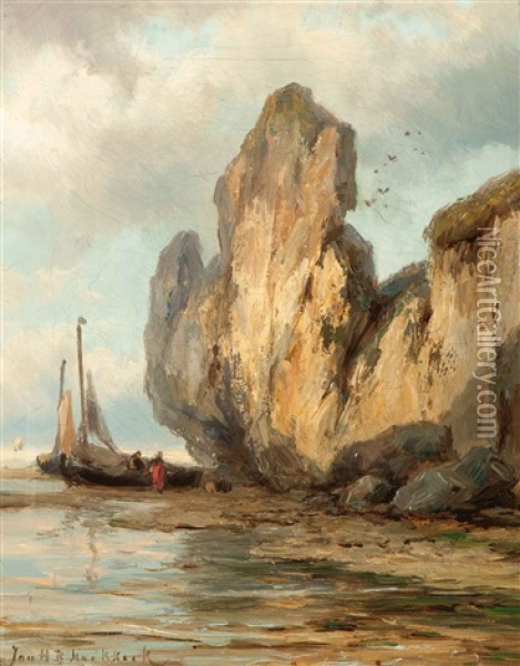Fishing Boat On An English Beach With Rock Face Oil Painting - Johannes Hermanus Barend Koekkoek