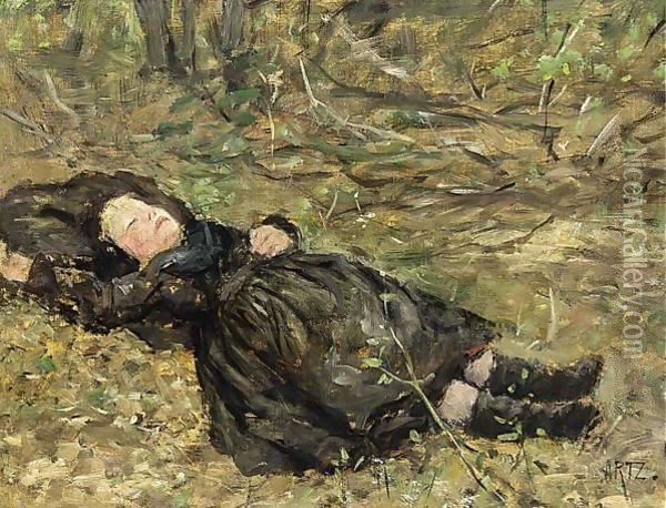 A Little Girl Resting In The Woods Oil Painting - David Adolf Constant Artz