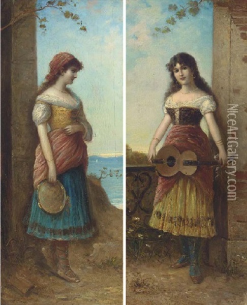 The Tambourine Girl (+ The Guitar Player; Pair) Oil Painting - Egisto Ferroni
