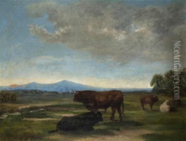 Toros En La Dehesa Oil Painting - Luis Julia Y Carrere