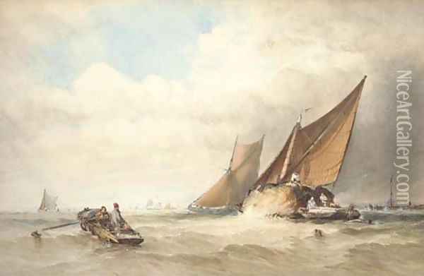 Hay barges in close quarters off the coast Oil Painting - Thomas Sewell Robins