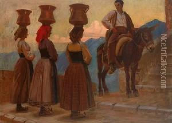 Drei Kretische Frauen Mit Wassergefasen Und Junger Mann Auf Maultier Oil Painting - Knud Sinding
