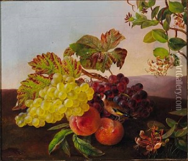 Still Life With A Goldfinch, Grapes And Peaches Oil Painting - Hanne Hellesen