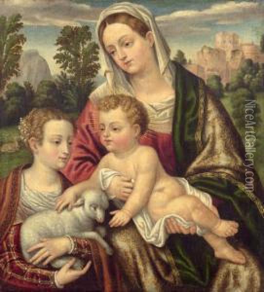 Madonna And Child With John. Oil Painting - Alessandro Bonvicino (Moretto da Brescia)