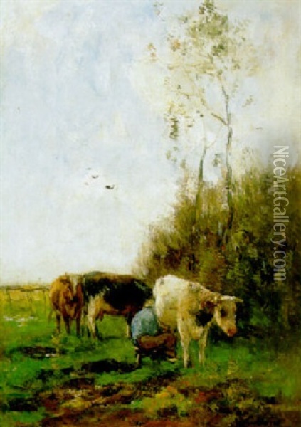 Koeien In Een Melkbocht Oil Painting - Willem Maris