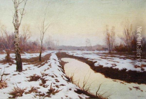 Pejzaz Zimowy Z Rzeka Oil Painting - Jan Grubinski