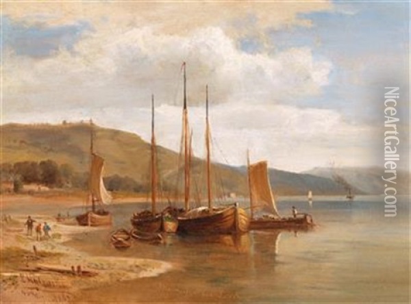Ships On The Rhine Riverbank At Lorch Oil Painting - Ludwig Georg Eduard Halauska