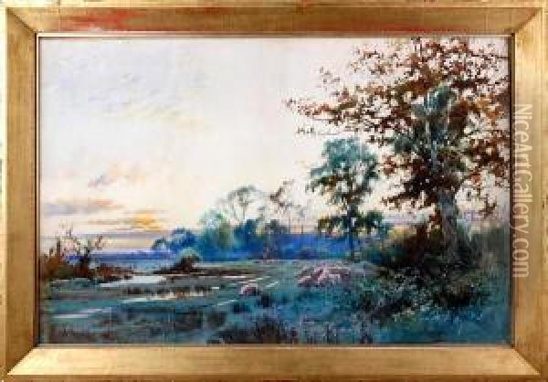 Sunset Landscape With Sheep Grazing Oil Painting - William Matthison