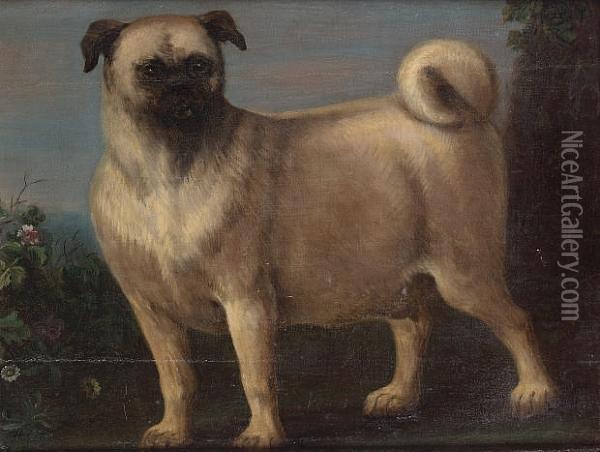 A Pug In A Landscape. Oil Painting - Ramsay Richard Reinagle