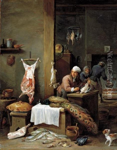 Le Cuisinier Flamand: A Kitchen Interior With A Cook Preparing Game At A Table Oil Painting - David The Younger Teniers