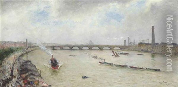 A Busy Day On The Thames, Before Waterloo Bridge Oil Painting - Siebe Johannes ten Cate