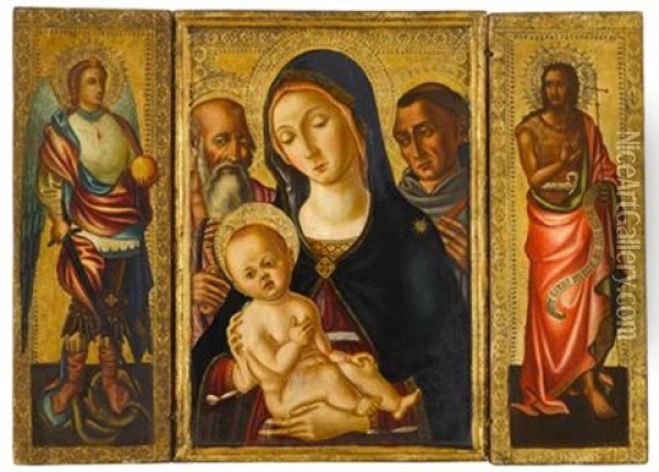 Virgin And Child With Saints, The Archangel Michael? And An Apostle (triptych) Oil Painting - (Matteo da Siena) Matteo di Giovanni di Bartolo