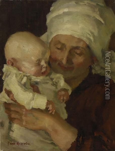 Mutter Mit Kind. Oil Painting - Hermann Groeber