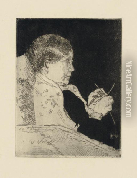 Mrs. Cassatt Knitting, Profile View (b. 75) Oil Painting - Mary Cassatt