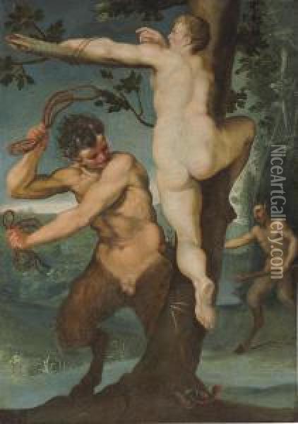 A Nymph And Two Satyrs Oil Painting - Agostino Carracci