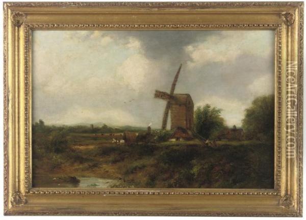 A Windmill In A Landscape Oil Painting - Frederick Waters Watts