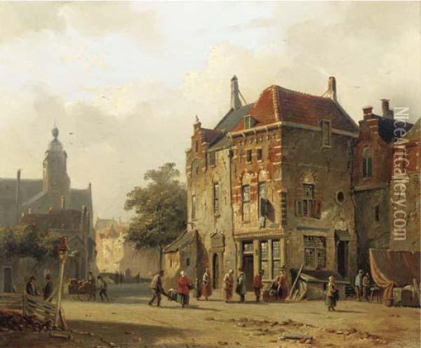 Numerous Figures On A Sunlit Town Square Oil Painting - Adrianus Eversen