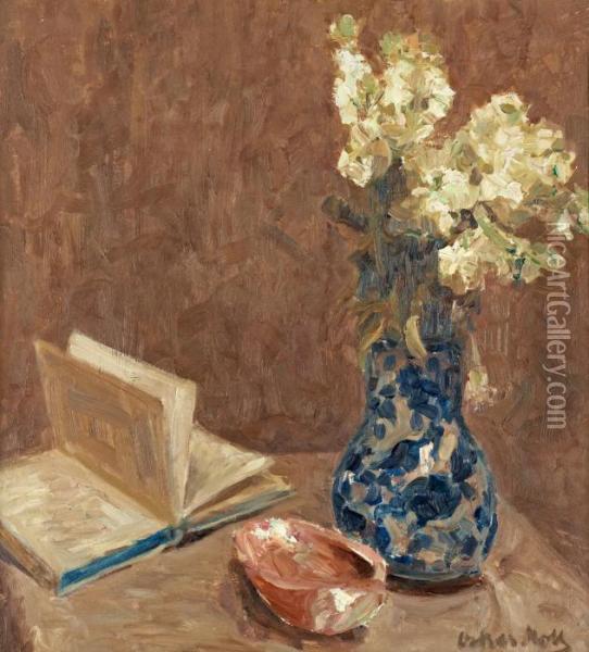 Still Life With A Book And Flowers Oil Painting - Oskar Moll