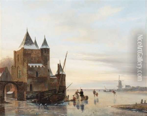 A Winter Landscape With Skaters On A Frozen River, A Koek And Zopie Beyond Oil Painting - Nicolaas Johannes Roosenboom