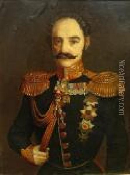 A Portrait Of General Vladimir Fedorovich Adlerberg Oil Painting - Leonid Elisevich Vorotilkin