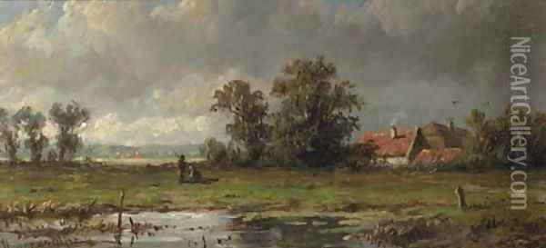 Figures resting in a polder landscape Oil Painting - Anthonie Jacobus van Wyngaerdt